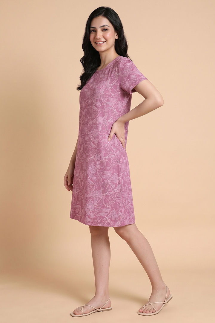 Zivame Mixed Fruit Buttersoft Knit Poly Knee Length Nightdress With In Built Camisole - Red Violet — image 2